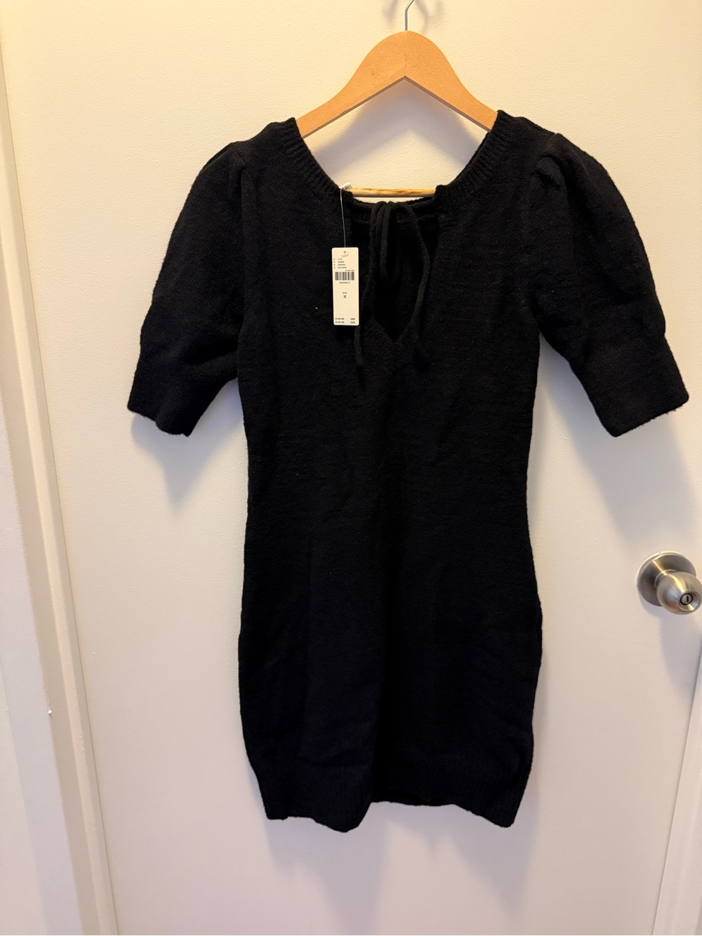 Anthropologie Black Knit Puff-Sleeve Midi Dress
